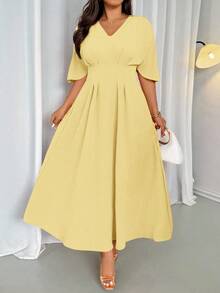 Firerie 大码优雅 V 领高腰褶皱拉链腰喇叭形 A 字中长连衣裙，休闲通勤风格，适合春夏季外出和度假