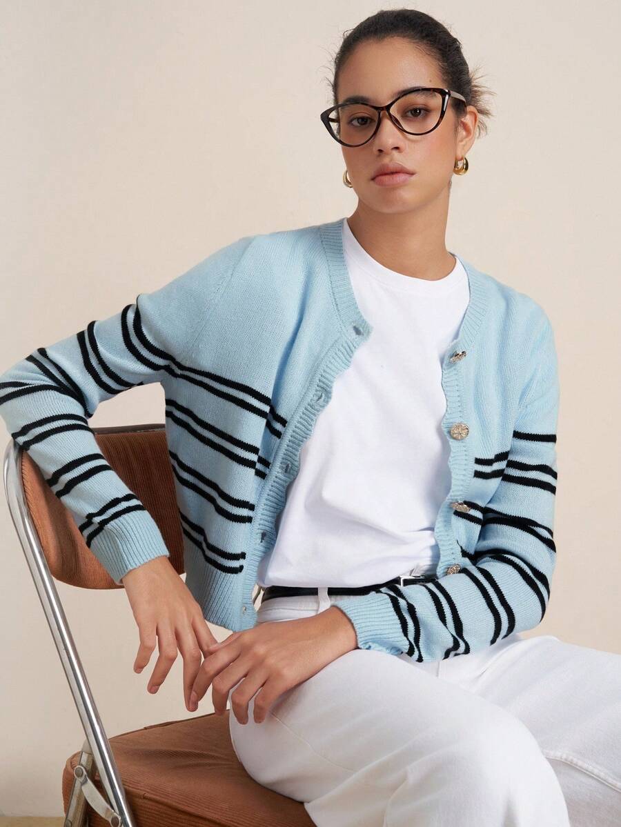 Airaco Women's Casual Striped Button-Up Long Sleeve Knit Cardigan - Multicolor - View 1