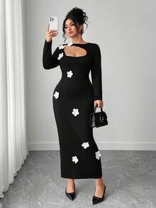 SHEIN PETITE CURVE 优雅都市长袖性感腰部收腰3D花卉大码女式连衣裙 - 黑色 - 查看 5