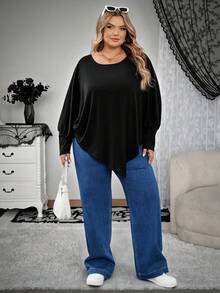 SHEIN CURVE+ Áo thun nữ dáng rộng tay cánh dơi viền bất đối xứng màu trơn vai chéo dáng rộng thường ngày cỡ lớn, quần áo mùa thu cho nữ, mùa đông, đường cong quyến rũ, Halloween/mùa thu/mùa đông - màu đen - Xem 9