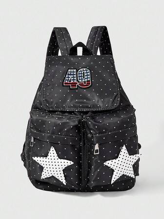 Anime 1 pezzo Zaino da donna alla moda in stile Y2K, nero, con stampa di stelle, tasche multiple e ricamo numerico, adatto per la scuola, i pendolari, ecc.