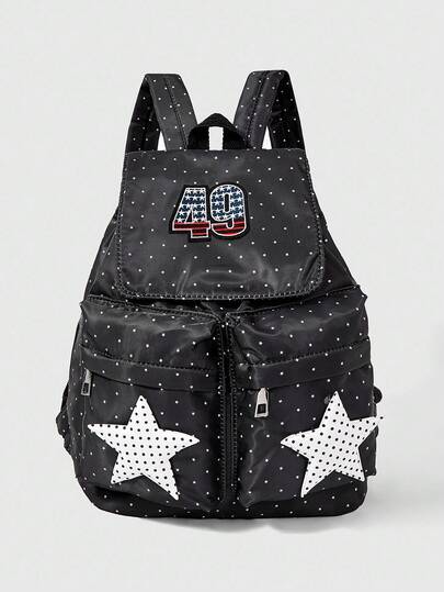 Anime 1pc Black Y2K Cute Star Print Multi-Pocket Numeric Embroidery Women Fashion Backpack, Suitable For School, Commuting, Etc.