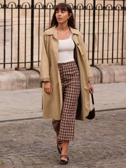 lacRébo 米色 Oversiwed 风衣，前开纽扣，格纹衬里，秋季女装，秋冬