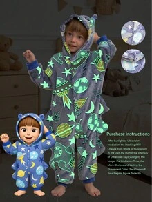 Young Boy Stylish Spaceship Graphic Hooded Warm Fleece Jumpsuit