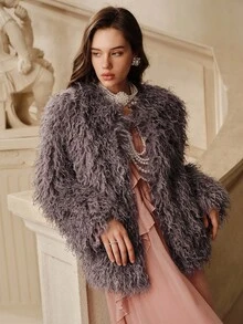 SHEIN Unity Women's Fashionable Faux Fur Jacket, Autumn/Winter - Dusty Purple - View 2