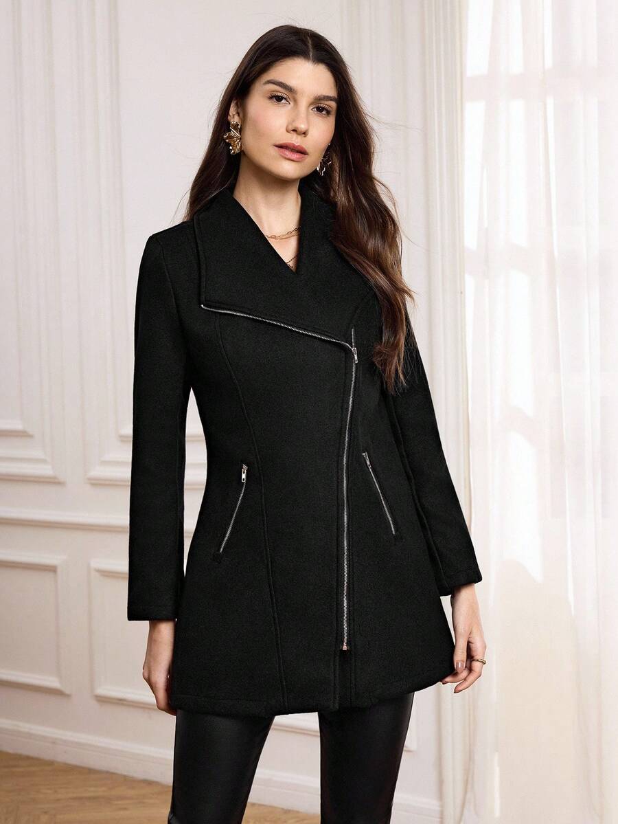 Miaspire Waterfall Collar Zip Up Overcoat - Black - View 1