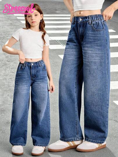 SHEIN Streecool Kids Tween Girl Vintage Loose Wide Leg Jeans, Casual Straight Denim Pants, School, Campus, College