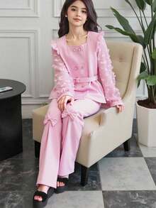 SHEIN Tween Girls 2pcs Minimalist Blazer Design Jacket & Extra Long Flare Pants Set With Mesh Fabric - Pink - View 6