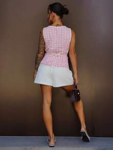 SAYEHFBABY Women's Elegant Pink Knitted Houndstooth Tank Top With Contrast Binding And Pearl Buttons - Pink - View 2