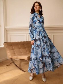 Penseblé 女士优雅浪漫蝴蝶印花长裙，时尚优雅，秋冬 - 藍色 - 查看 1