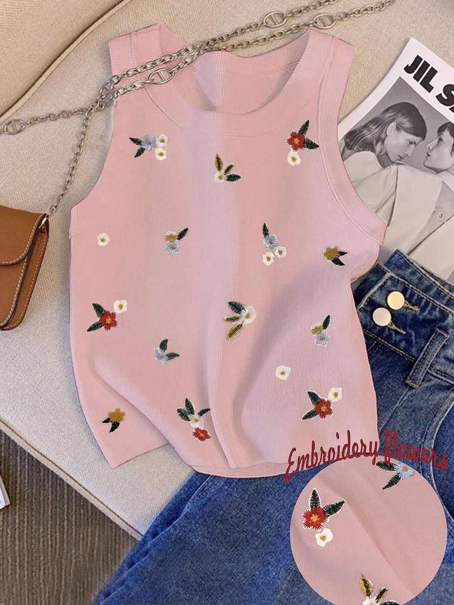 SHEIN Women's Floral Embroidered Sleeveless Tank Top, Summer - Pink - View 1