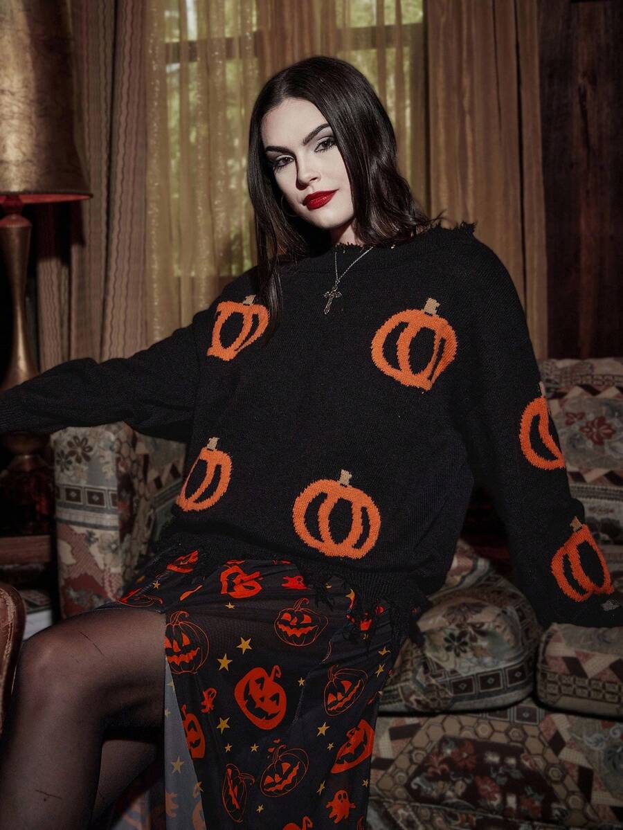 SHEIN VCAY 大码休闲提花露肩斜领温暖柔软百搭南瓜图案万圣节毛衣，秋季南瓜毛衣露肩毛衣女毛衣流苏毛衣 - 藕粉色 - 查看 1