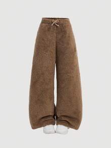 SHEIN Teen Girls Khaki Fluffy Loose Straight Leg Pants, Thick & Versatile For Casual Daily Wear Wide Leg Sweatpants Flare Sweatpants Brown Sweatpants Fuzzy Sweatpants Teddy Sweatpants Fall Winter - Brown - View 7