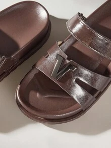 Solecia 2025 Summer New Arrival Women's Fashion H-Shape Black Rivet Platform Hook And Loop Soft Bottom Sandals, Closure, Versatile Non-Slip Open Toe Flat Sandals - Brown - View 5