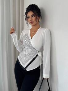 Elenzga Elegant V-Neck Digital Printed Geometric Line Pattern Long Sleeve Asymmetrical Hem Tie Bow Blouse Fall Cloth For Women - White - View 8