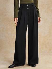 House of One 高腰百褶阔腿及地长裤女款黑色休闲裤秋季 - 黑色 - 查看 1