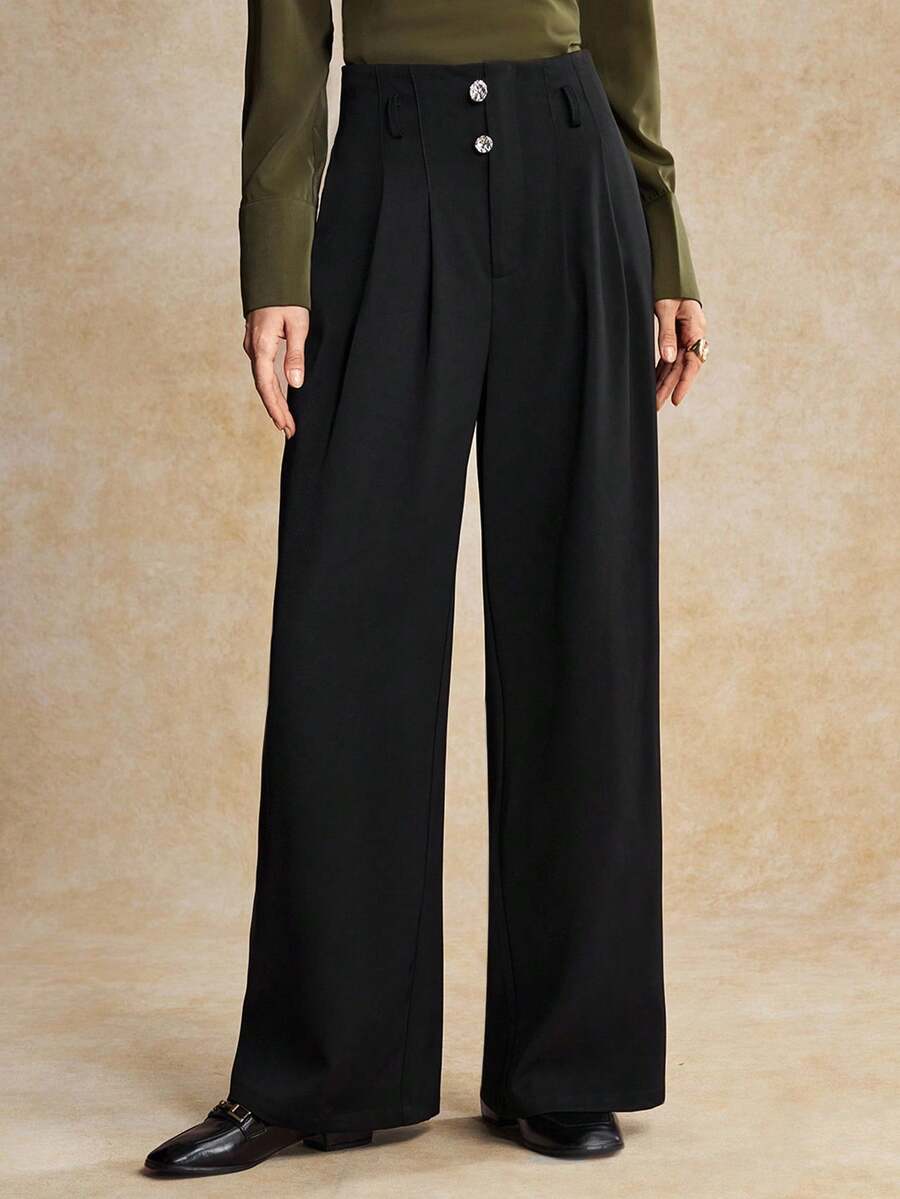 House of One 高腰百褶阔腿及地长裤女款黑色休闲裤秋季 - 黑色 - 查看 1