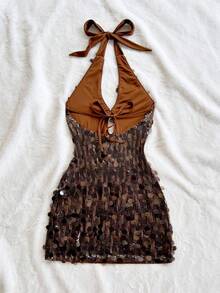 Soleia 新款度假红色针织条纹露背迷你连衣裙、飘逸连衣裙、条纹挂脖毛衣裙、哥特式连衣裙、教堂连衣裙、婚礼宾客连衣裙、约会夜连衣裙、教师连衣裙、返校连衣裙、女士冬装、女士秋装、流苏连衣裙、生日装、约会夜装、办公室服装、万圣节、音乐节服装 - 卡其色 - 查看 2