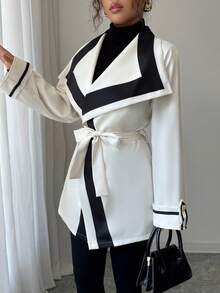 Elenzga Tie-Up Colorblock Elegant & Sophisticated Women's Regular Jacket Trench Coat - Multicolor - View 5