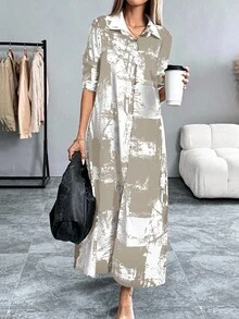 Breezaya 女士时尚扎染印花衬衫裙，春秋季长款女装长衬衫裙长款休闲连衣裙女式长袖连衣裙 - 卡其色 - 查看 5
