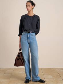 Airaco Women's Fashion Casual Retro Elegant Romantic Minimalist Round Neck Button Shirt - Navy Blue - View 5