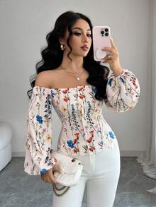 Elenzga 女式露肩花卉印花灯笼袖衬衫，度假装 - 彩色 - 查看 7