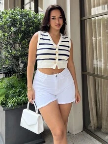 NegzBox Women's Solid Color Front Button Pocket Distressed Casual Denim Shorts - White - View 1