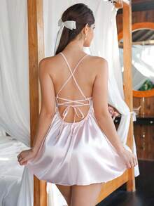 SHEIN 2pcs/Set Sexy Backless Tie-Up Bow Satin Nightgown + G-String Panty For Women