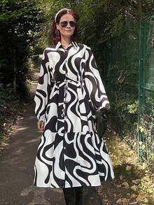 Livesso Vestido de longitud media con cintura ceñida y estampado de cebra para mujer - Blanco y Negro - Ver 4