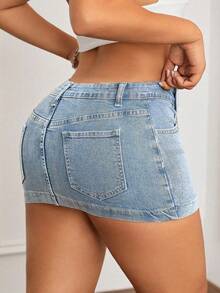 SHEIN ICON 大码女式 Y2K 时尚休闲百搭弹力迷你裙 - 淺色水洗藍 - 查看 2