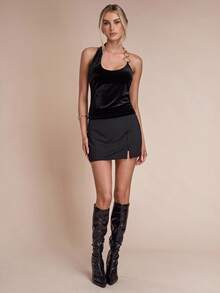 SHEIN BAE Women's Autumn And Winter Solid Color Metal Ring Decoration Velvet Backless Fashion Top, Winter, Halloween Costume For Women, Thanksgiving For Women, Party, Sexy Club For Women, Black Top - Black - View 6