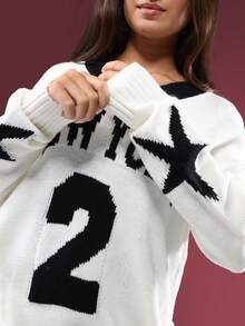 SUMWON V-Neck Oversized Knit Sweater With New York Varsity Lettering And Number Fall Winter - Black and White - View 4