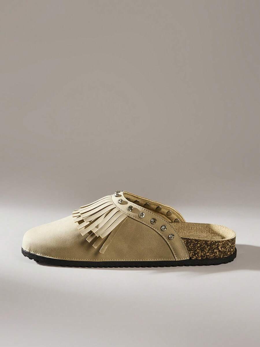 Solecia Giày Brogues mũi tròn có tua rua dành cho nữ, giày bệt có quai khóa kép đính đá lấp lánh, thoải mái khi đi làm, dự tiệc, đi làm, thời trang đa năng - Màu Khaki - Xem 1