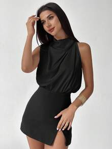 Firerie Women's Elegant Fashion New Commuting Office Daily Vacation Music Festival Asymmetrical Pleated Apricot Blouse, Spring/Summer,Black Tops