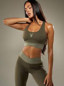 Missguided x Playboy High Impact Racerback Sports Bra Performance Moisture Wicking Compression Athletic Workout Gym Top Seamless Exercise Running Yoga Support Tank - Dark Green - View 6