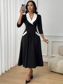 SHEIN Lady Robe élégante et pour femmes avec col châle et manches 3/4 de couleur contrastée - Noir et Blanc - Voir 7