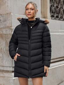 SHEIN Tall Glacier Edge Asymmetric-Zip Puffer Jacket - High-Neck, Wind-Resistant, Insulated Warmth With Hidden Side Pockets & Urban Luxe Finish - Black - View 3