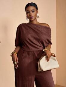 Veslaya 2025 春夏新款优雅派对、约会、晚会、毕业典礼纯卡其色修身单肩褶饰不对称连体裤，编织纹理面料，女式加大码长款连体裤 - 棕色 - 查看 3