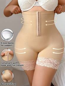 SHEIN Plus Size Women Shapewear Bottoms, High Waist Tummy Control Butt Lifter Shapewear With Lace Trim Zipper - Apricot - View 4