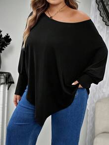 SHEIN CURVE+ Áo thun nữ dáng rộng tay cánh dơi viền bất đối xứng màu trơn vai chéo dáng rộng thường ngày cỡ lớn, quần áo mùa thu cho nữ, mùa đông, đường cong quyến rũ, Halloween/mùa thu/mùa đông - màu đen - Xem 5