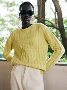 Lumivelle Women's Yellow Crew Neck Cable Knit Pullover Sweater - Yellow - View 1
