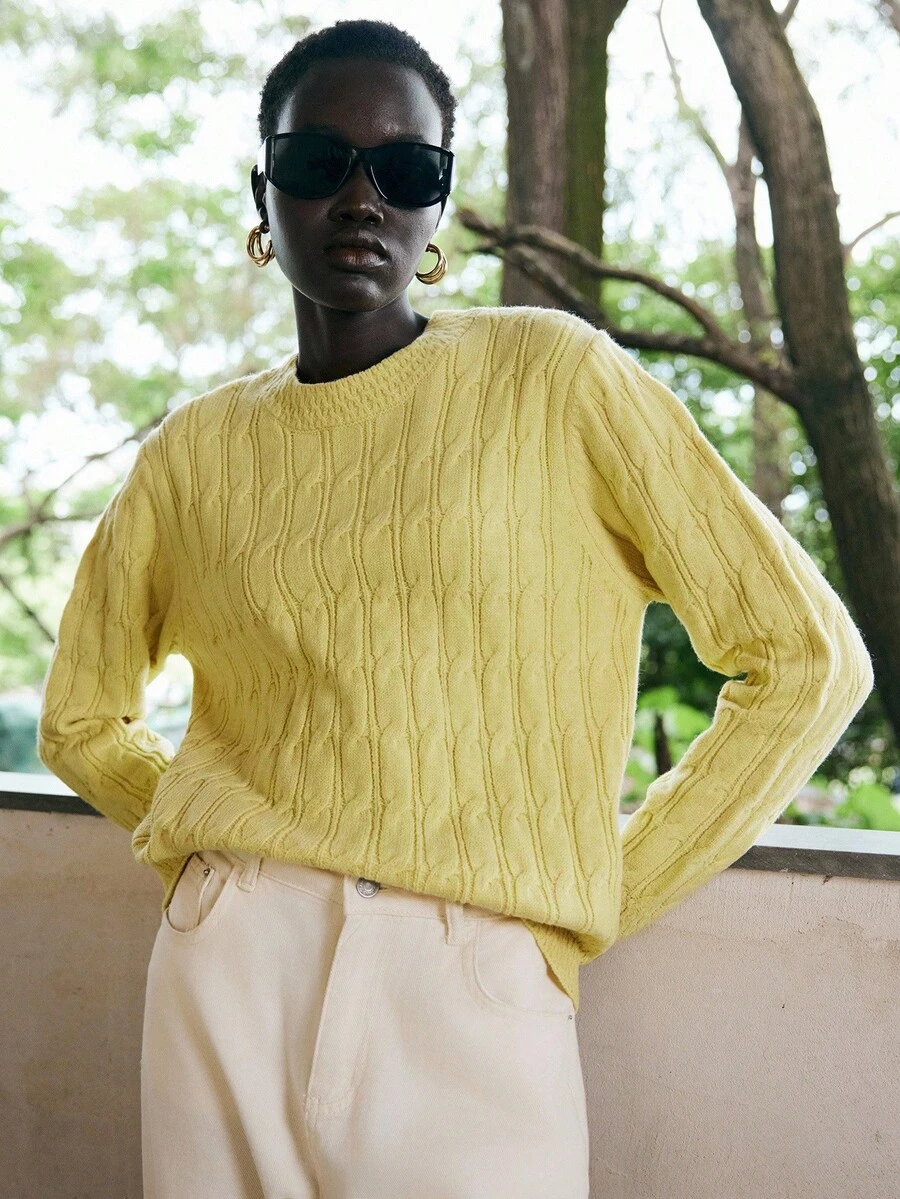 Lumivelle Women's Yellow Crew Neck Cable Knit Pullover Sweater - Yellow - View 1