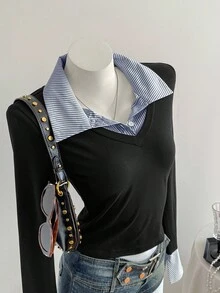 Sweetra 1pc Women's Striped Splice Asymmetrical Hem Tight Long Sleeve T-Shirt, 2 In 1 Shirt Collar, Fashion Casual Street Style, Autumn/Winter Graphic Tees Women Tops For Spring