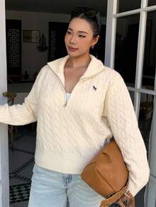 Dazy Plus Zip-Up Half Open Collar Loose Embroidered Pattern Long Sleeve Pullover Sweater, Spring/Autumn - Apricot - View 12