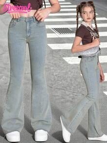 SHEIN Explorewe Tween Girls Stylish Casual Washed Denim Flare Jeans Summer Holiday - Blue - View 1