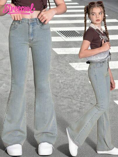 SHEIN Explorewe Tween Girls Stylish Casual Washed Denim Flare Jeans Summer Holiday