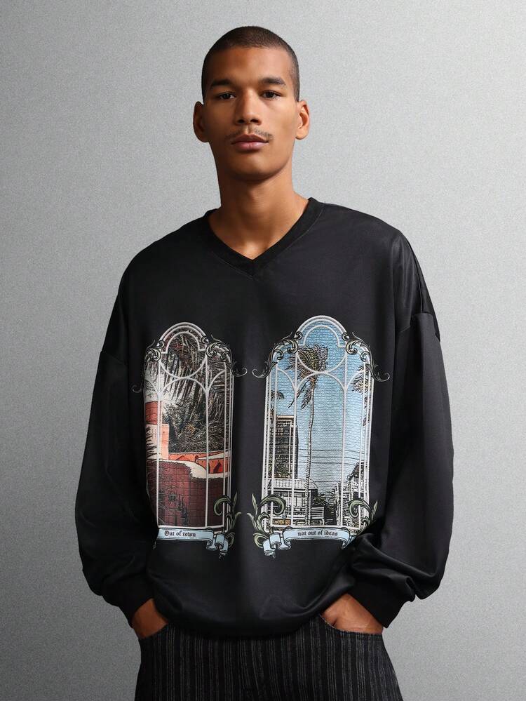 Gothic Window Print V Neck Long Sleeve Tee With Decorative Frame Design