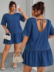 Elenzga Plus Size Women's Solid Color Round Neck Raglan Short Sleeve Ruffle Hem Versatile Sexy Dress - Blue - View 1