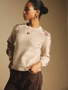 Poéselle 女式休闲植物图案插肩袖套头衫，秋冬 - 卡其色 - 查看 4