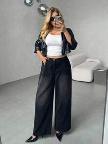 Auralis Plus Size Solid Color Pocket Flared Casual Fashionable Jeans - Black - View 7